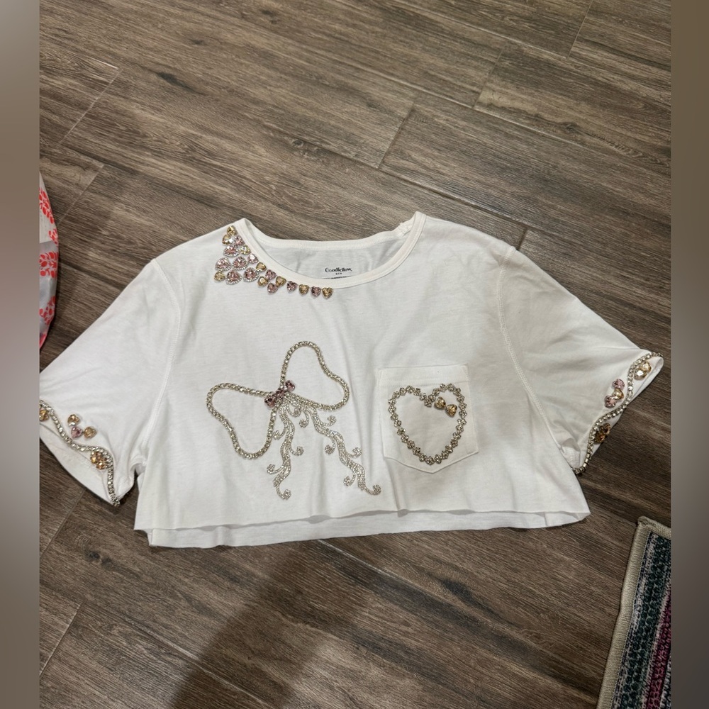 Loveshackfancy bespoke White Crop Top with rhinestone Bow and Heart